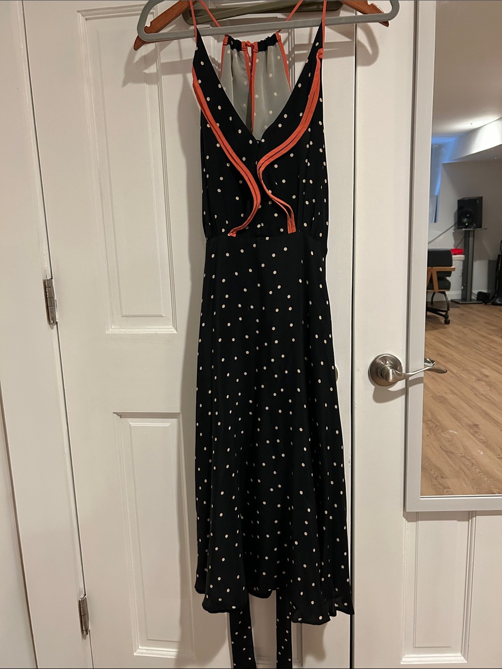 Black Polka Dot Midi Dress with Coral Trim